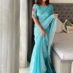 K 5 Fashion Striped Embroidered Pure Chiffon Saree-picture-16