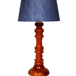 foziq Brown & Blue Textured Wooden Table Lamp image 4
