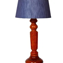 foziq Brown & Blue Textured Wooden Table Lamp image 4