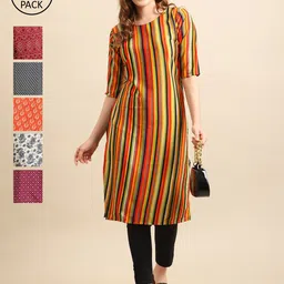 7Threads Women Yellow & Maroon Pack of 6 Geometric Printed Crepe Kurtas image 1