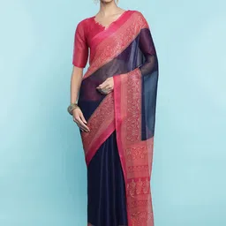 Mitera Navy Blue Pure Cotton Saree-image-24