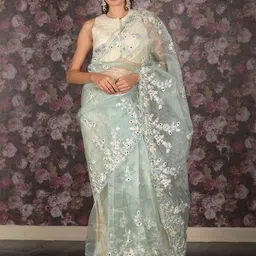 ODETTE Floral Mirror Work Organza Saree-image-32