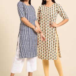 7threads KALINI PACK OF 2 Women Blue Ethnic Motifs Printed Block Print Handloom Crepe Kurta-picture-2