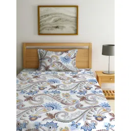 FABINALIV White Floral Cotton Blend Single Bedsheet with Pillow Cover image 2