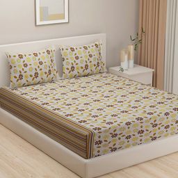 SWAYAM 144 TC Yellow Floral Double Bedsheet with 2 Pillow Covers-picture-7