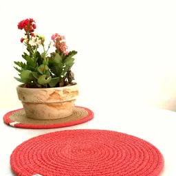 JASMEY HOMES Coral & Beige Set of 2 Textured Round Cotton Table Placemats image 4