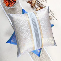 ANS Set Of 2 Blue & Gold-Toned Woven Design Brocade Square Cushion Cover image 2