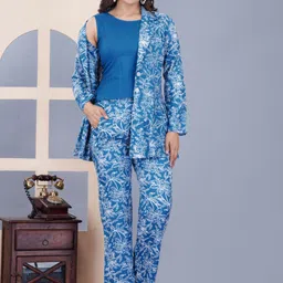 KALINI Floral Printed Lapel Collar Coat & Trouser With Top image 2