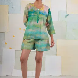 BUTA BUTI Belladonna Tie and Dye Spread Collar Pure Cotton Shirt With Shorts & Blazer image 5