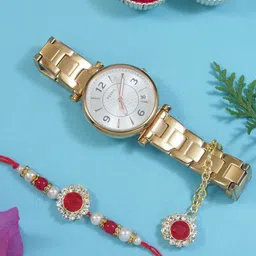 I Jewels Kundan-Studded & Pearl-Beaded Bhaiya Bhabhi Rakhi With Watch Accessories Gift Set-picture-26