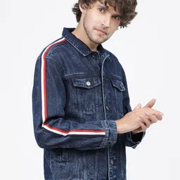 HIGHLANDER Men Blue Washed Denim Jacket with Patchwork image 5