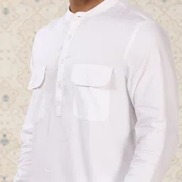 Ode by House of Pataudi White Striped Band Collar Pure Cotton Short Kurta image 5