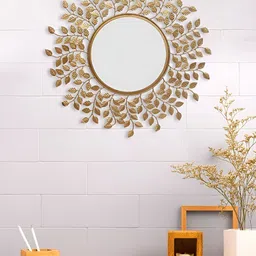 CHRONIKLE Gold Toned Leaf textured Round Wall Mirror image 1