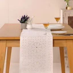 Peepul Tree White Cutwork Detailed Pure Cotton Table Runner image 5