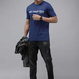 Roadster Men Navy Blue Typography Printed Pure Cotton T-shirt image 5