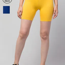 Apraa & Parma Women Pack Of 2 Yellow & Blue Solid Pure Cotton Slim Fit Cycling Shorts-picture-21