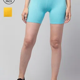Apraa & Parma Women Pack Of 2 Yellow & Blue Slim Fit Pure Cotton Cycling Sports Shorts-picture-33