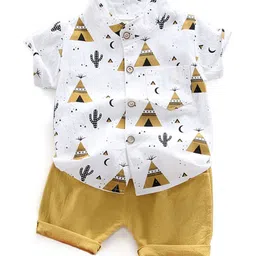 Hopscotch Boys White & Beige Printed Cotton Blend Shirt with Shorts-picture-16