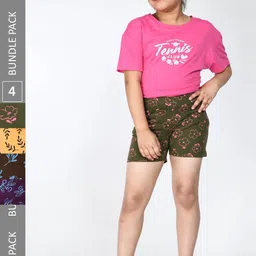 IndiWeaves Girls Pack Of 4 Floral Printed Mid Rise Knitted Cotton Regular Shorts-image-14