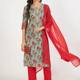 KALINI Floral Printed Gotta Patti Pure Cotton Kurta & Trousers With Dupatta-picture-32