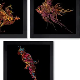 PnF Black & Orange 3 Pieces Paper Birds and Animals Wall Painting-picture-18