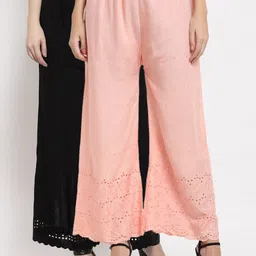 Miaz Lifestyle Women Peach-Coloured & Black Embroidered Flared Knitted Palazzos Pack Of 2-image-79