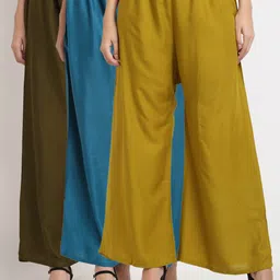 Miaz Lifestyle Women Set Of 3 Blue & Olive Green Flared Ethnic Palazzos-image-17