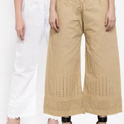 Miaz Lifestyle Women Beige & White 2 Embroidered Knitted Palazzos-picture-33