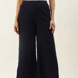 De Moza Women Navy Blue Flared Cropped Ethnic Palazzos-image-23