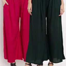 Miaz Lifestyle Women Set Of 2 Fuchsia Pink & Green Flared Knitted Ethnic Palazzos-picture-21