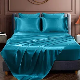 coolbeds Teal Solid 400 TC Satin King Fitted Bedsheet with 2 Satin Pillow covers image 2