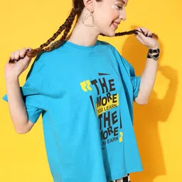 STREET 9 Women Turquoise Blue Typography Printed Bio Finish Oversized  T-shirt-image-67