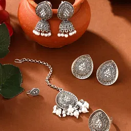 Yellow Chimes Set of Silver-Oxidised Maang Tikka Earrings Ring and Nose Pin-picture-47