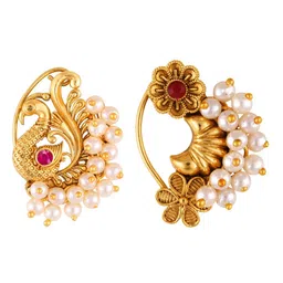 Vighnaharta Set Of 2 Gold-Plated Stone-Studded & Pearl Beaded Nosepin image 2