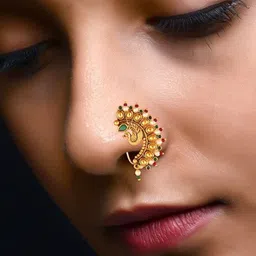 Vighnaharta Set Of 2 Gold-Plated Stone-Studded & Pearl Beaded Nosepins image 4