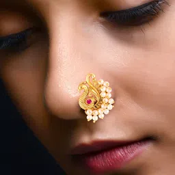 Vighnaharta Set Of 2 Gold-Plated Stone-Studded & Pearl Beaded Nosepin image 5