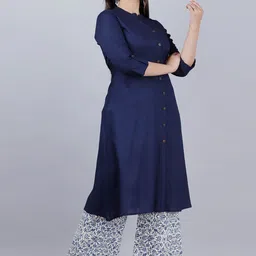 MAUKA Women Navy Blue Solid Kurta with Printed Palazzo image 4