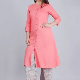 MAUKA Women Peach-Coloured Solid Kurta with Printed Palazzo image 2