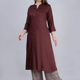 MAUKA Women Brown Solid Kurta With Printed Palazzo Set image 2