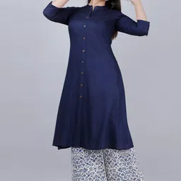 MAUKA Women Navy Blue Solid Kurta with Printed Palazzo image 2