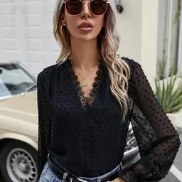 Stylecast X Slyck Polka Dot Semi Sheer Cuffed Sleeve Top image 1