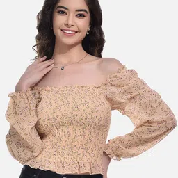 StyFun Floral Printed Smocked Long Sleeves Off-Shoulder Bardot Crop Top-picture-37
