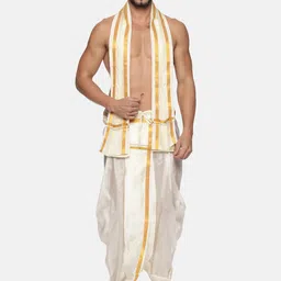 Sethukrishna Men Cream-Coloured & Gold-Coloured Solid Silk Dhoti With Angavastram-picture-14