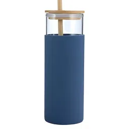 WELOUR Blue Glass Tumbler With Bamboo Straw 400 ML-picture-12