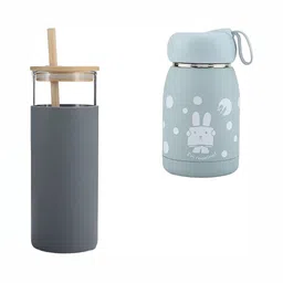 WELOUR Grey & White 2 Pieces Cartoon Characters Printed Glass Water Bottles 500 ml image 3