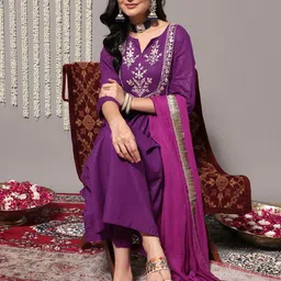 KALINI Floral Yoke Design Empire Gotta Patti Pure Cotton Kurta with Trousers &Dupatta-image-0