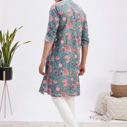 VASTRAMAY Men Floral Printed Regular Kantha Work Pure Cotton Kurta with Trousers image 4