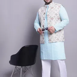 SOJANYA PLUS Ethnic Motifs Embroidered Pure Cotton Kurta With Pyjamas & With Nehru Jacket-picture-44