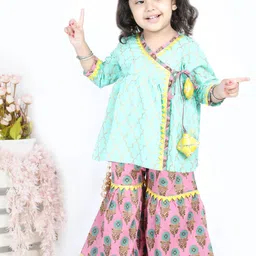 BownBee Girls Green Floral Printed Angrakha Gotta Patti Pure Cotton Kurta with Palazzos-picture-12