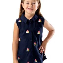 Cherry Crumble Girls Navy Blue Embroidered Shirt-Style Cotton Top-picture-21